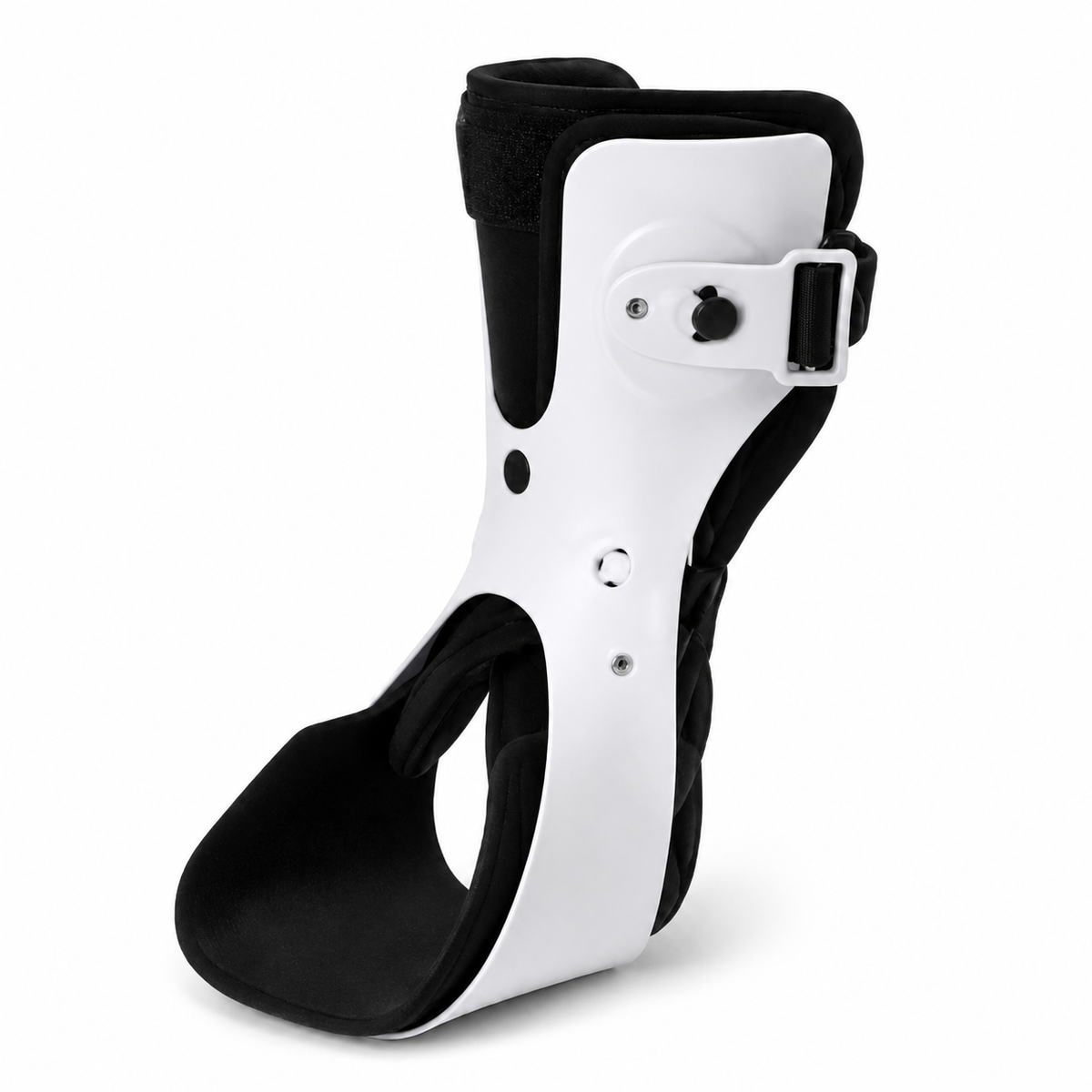 DeepTireh DT-A002 white rigid-shell ankle brace with black padded lining, upper strap, dial closure, and open heel