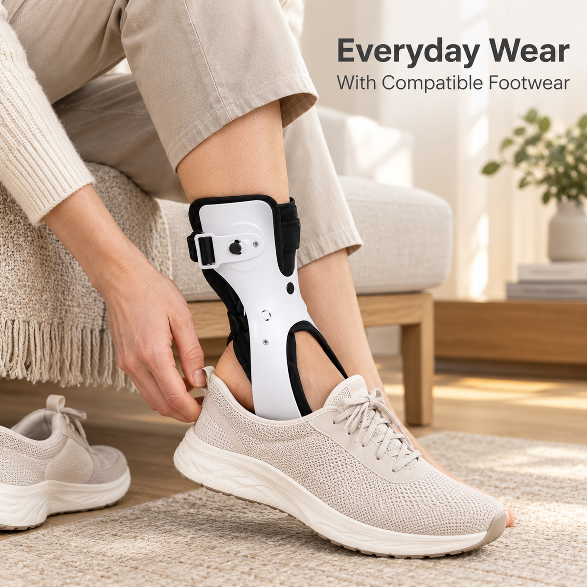 Woman preparing to put on a low-cut shoe while wearing the DeepTireh DT-A002 rigid-shell ankle brace