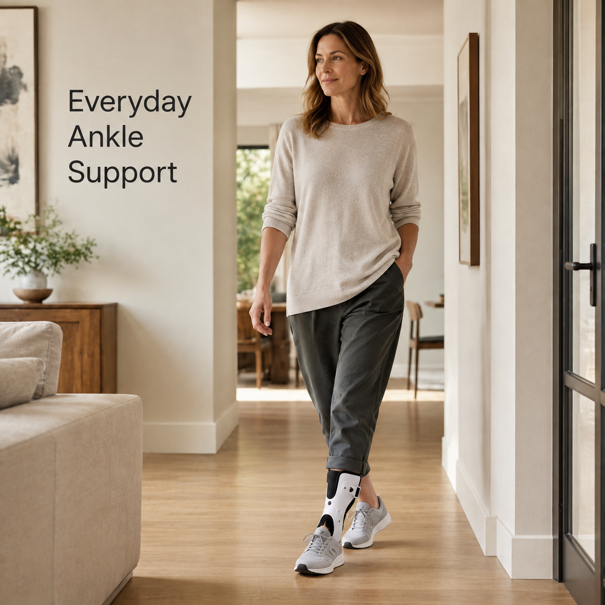 Woman wearing the DeepTireh DT-A002 rigid-shell ankle brace with a low-cut shoe while walking inside a bright home