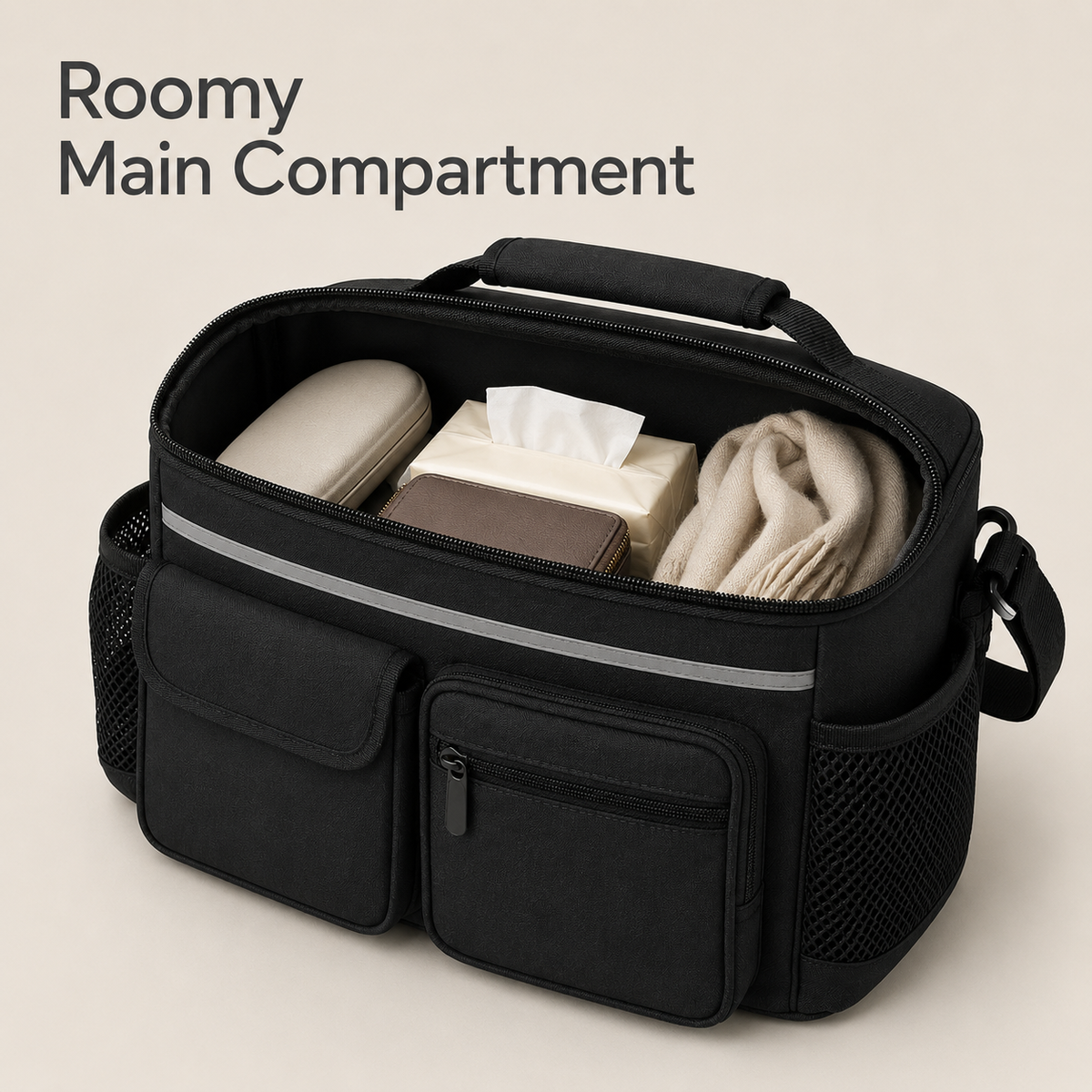Open DeepTireh DT-A008 mobility organizer bag showing the main compartment with a small case, tissue box, wallet, and folded scarf