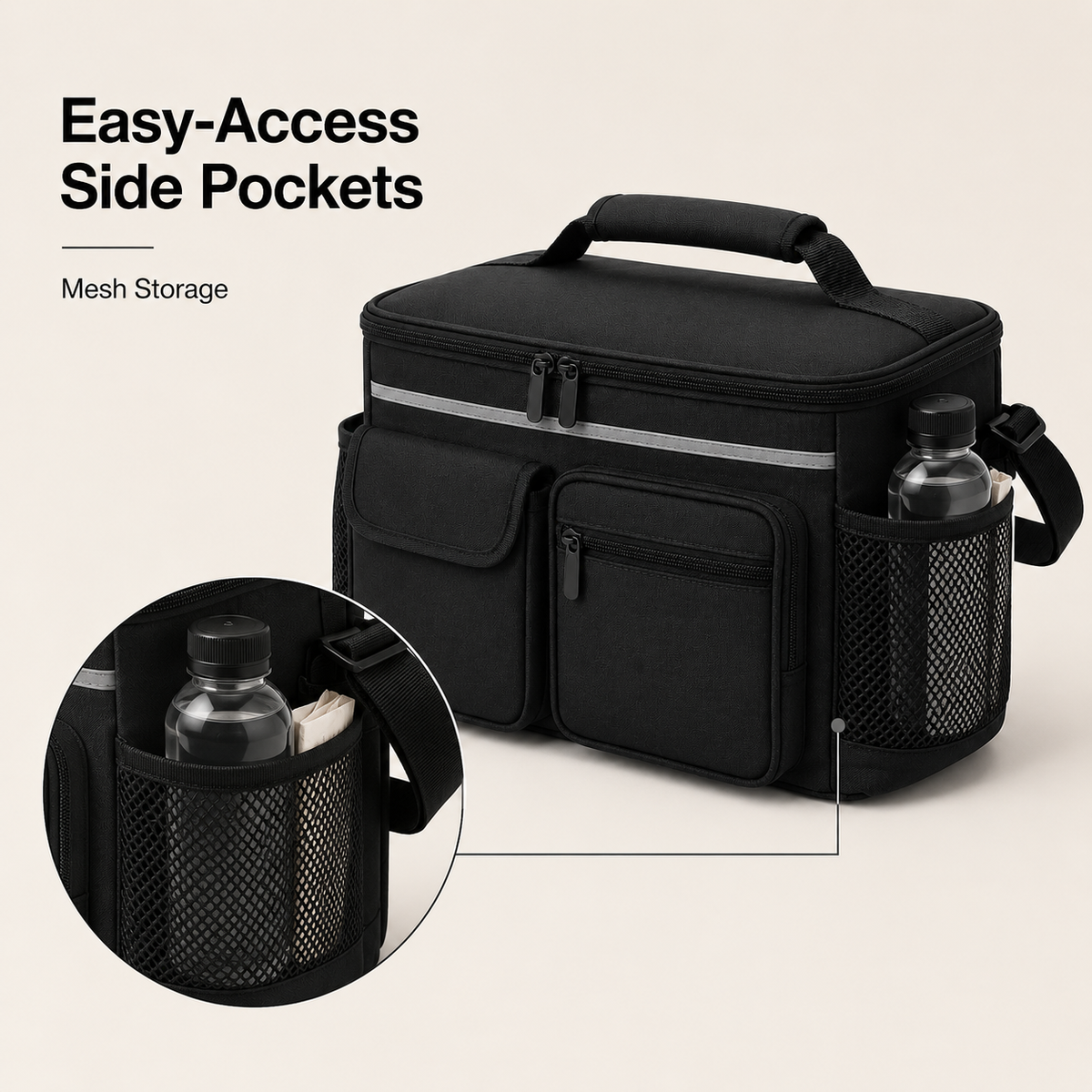 DeepTireh DT-A008 mobility organizer bag showing the mesh side pockets holding a bottle and folded tissues