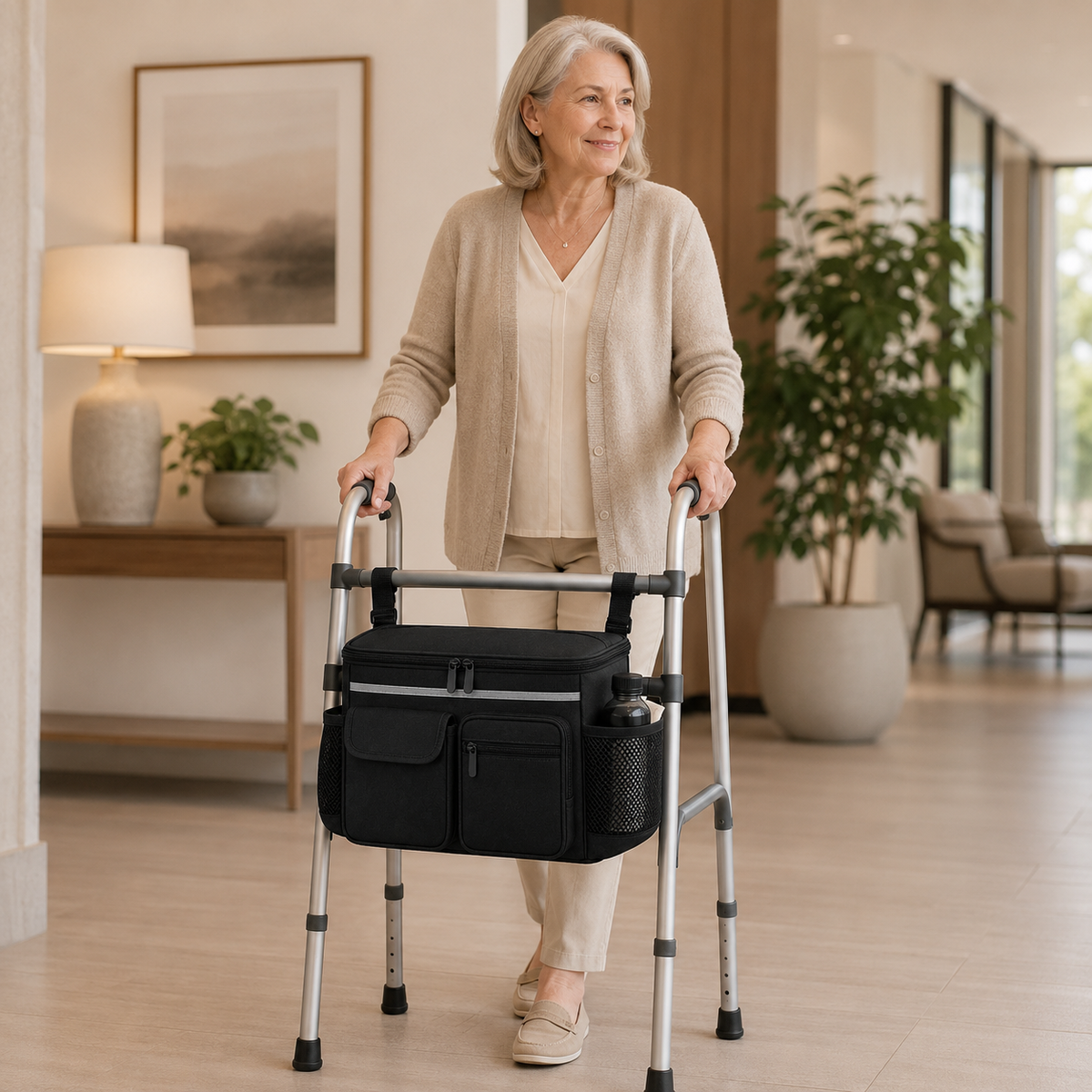 Woman walking indoors with a walker while the DeepTireh DT-A008 mobility organizer bag is attached to the front crossbar