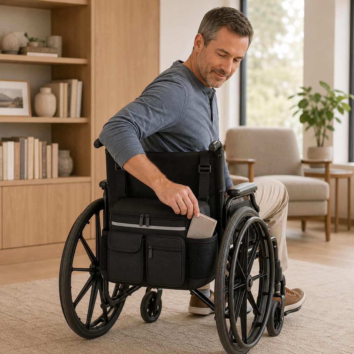 Man seated in a manual wheelchair reaching toward the side pocket of a rear-mounted DeepTireh DT-A008 mobility organizer bag