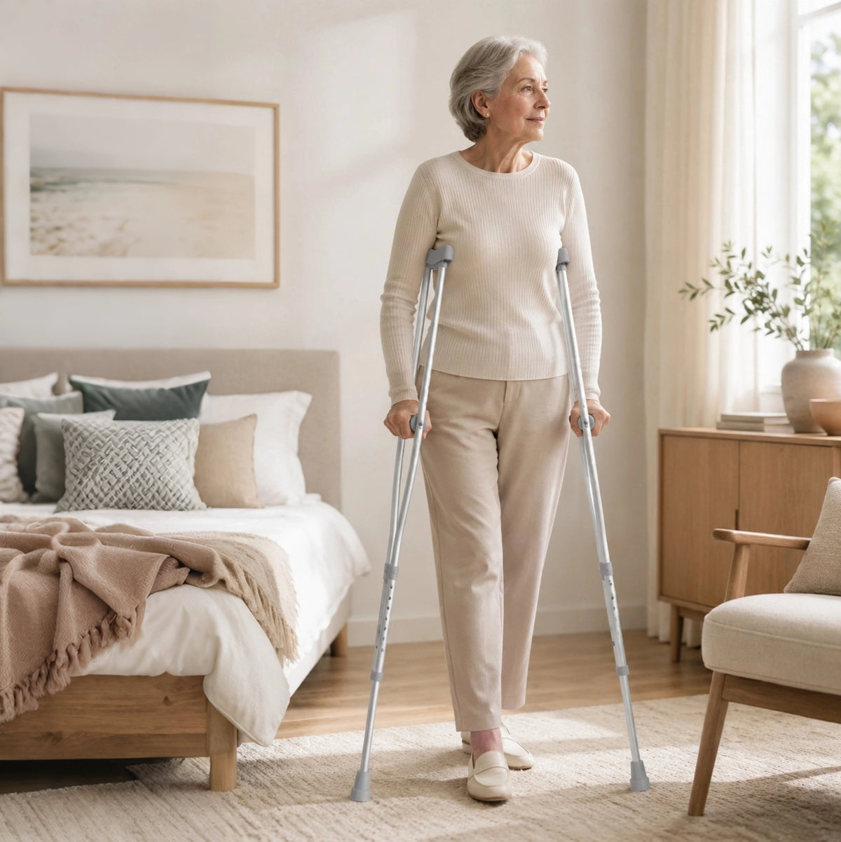 Older woman using DeepTireh DT-M002 adjustable underarm crutches inside a bright bedroom
