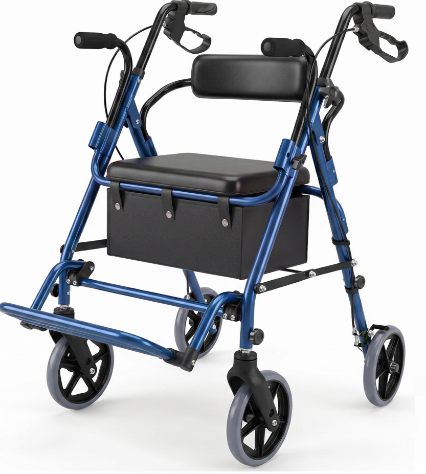 Blue DeepTireh HY8500L rollator walker with a padded seat, hand brakes, under-seat storage bag and footrest