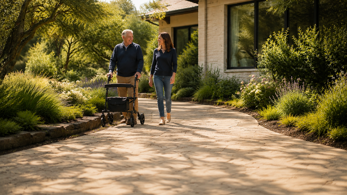Older man using a black rollator while walking with a woman outside a home