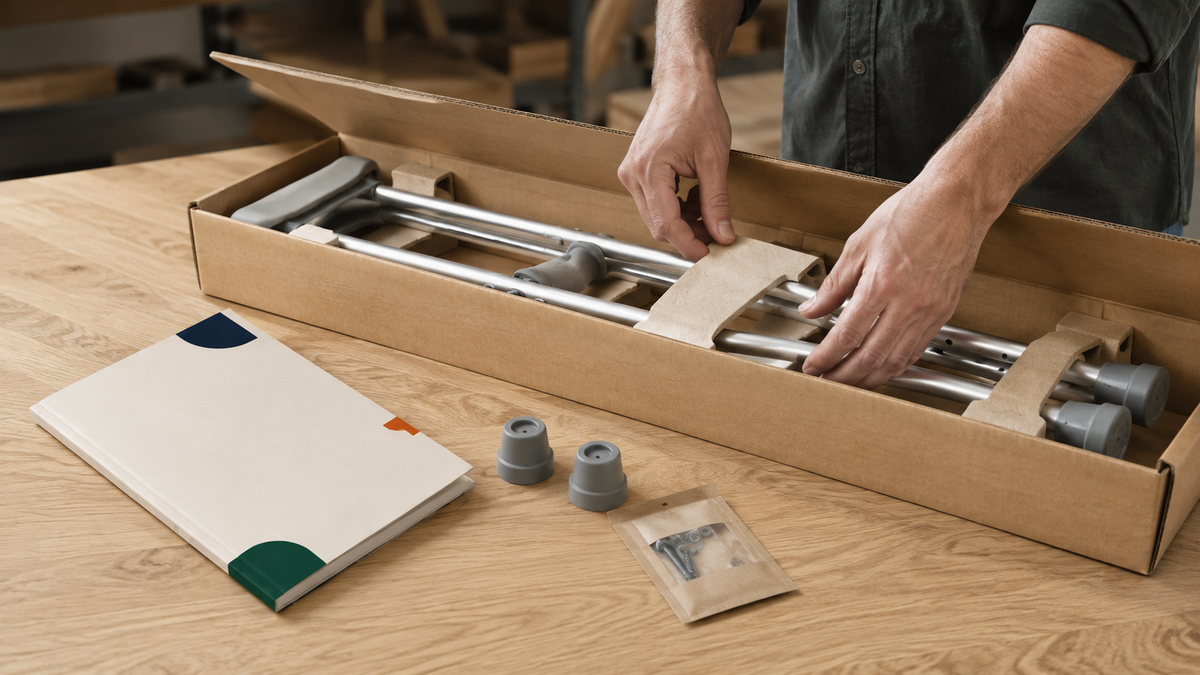 Hands packing an underarm crutch, replacement tips, hardware, and manual into a cardboard box