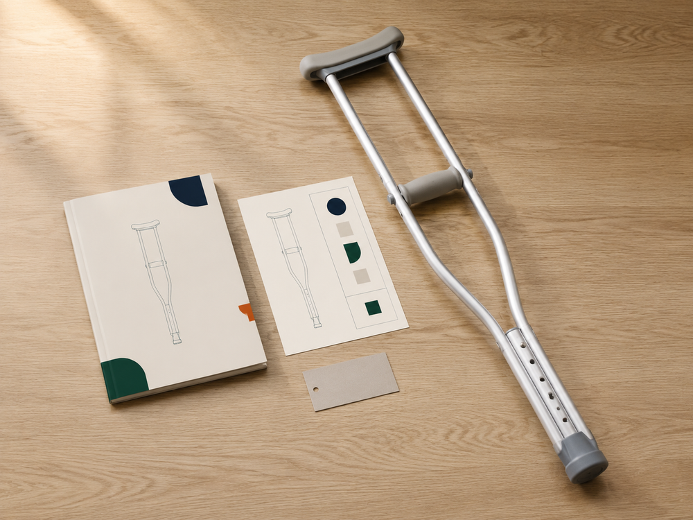 Underarm crutch displayed with its product manual and color swatches