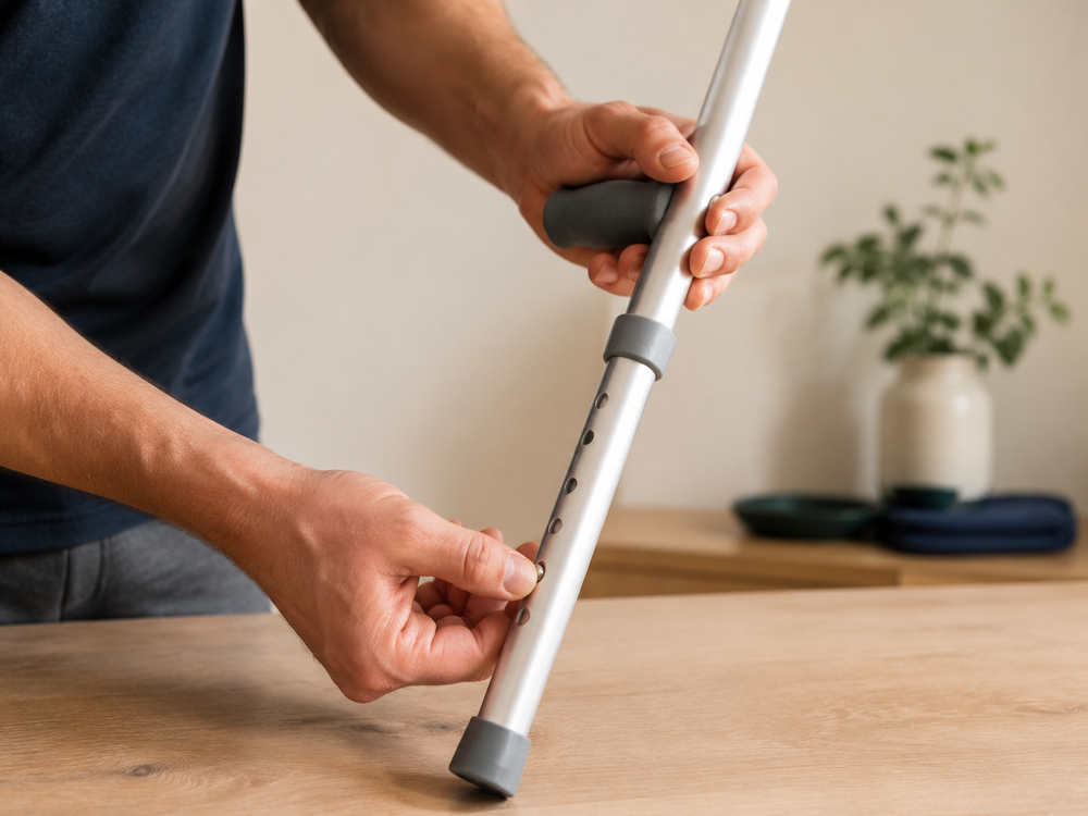 Hands adjusting the height pin on an aluminum underarm crutch