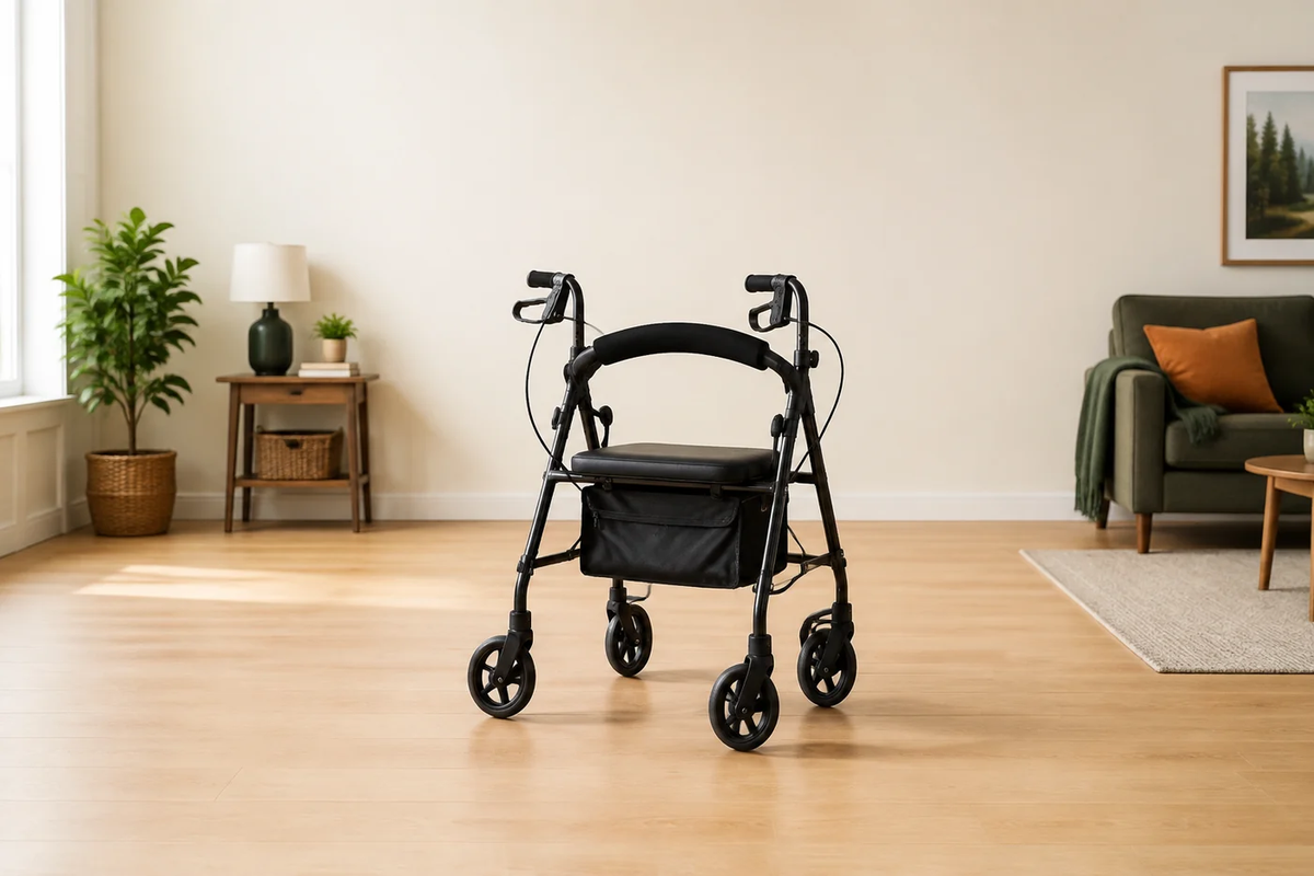 Black rollator walker with hand brakes, seat, and storage bag shown on a clear indoor floor in a bright living room.