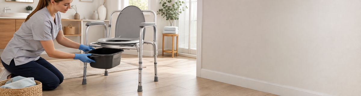 Caregiver removing the bucket from a bedside commode chair during routine cleaning in a bright home-care setting.