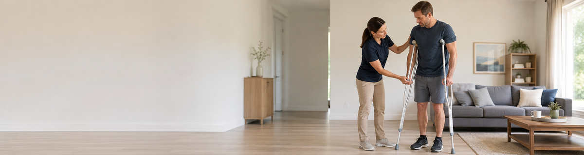 Caregiver checking the fit and height of underarm crutches for an adult standing in a bright living room.