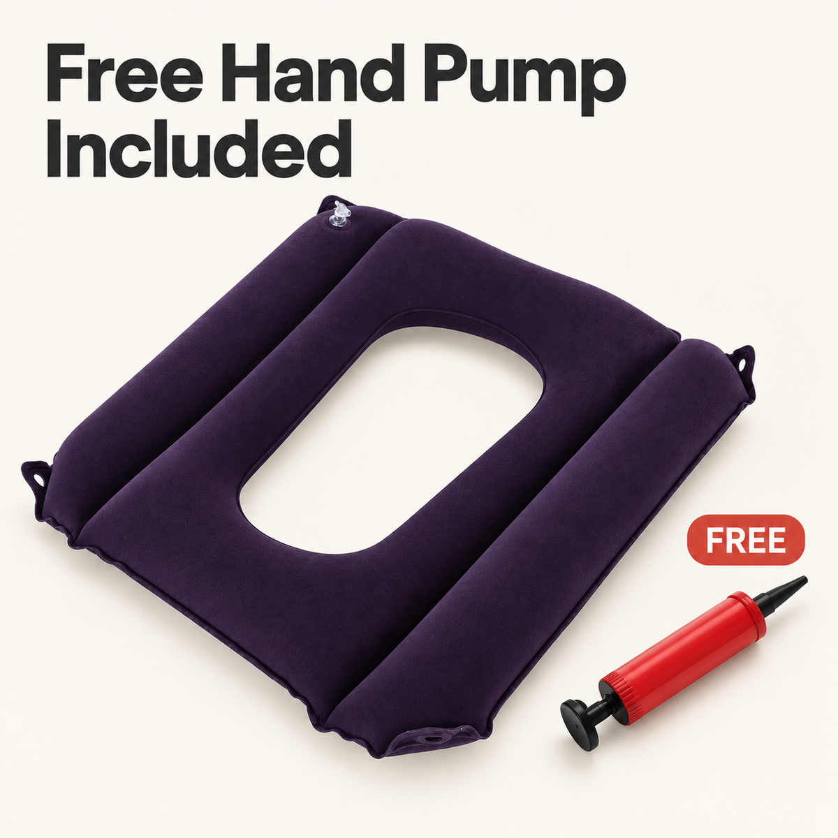 DeepTireh inflatable commode cushion with the included free red hand pump.