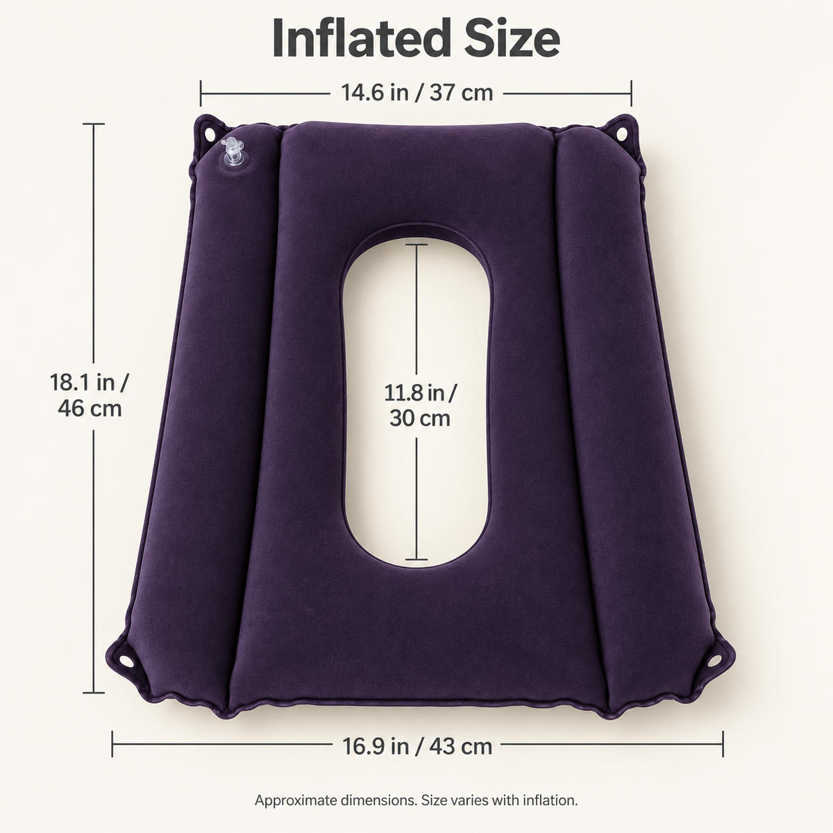 Approximate inflated dimensions: 18.1 in (46 cm) long, 14.6–16.9 in (37–43 cm) wide, with an 11.8 in (30 cm) opening.