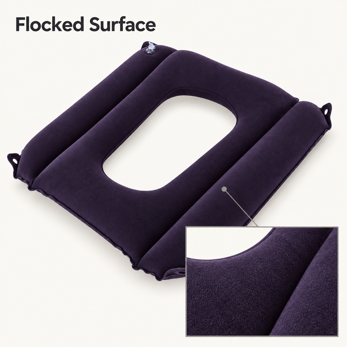 Dark purple commode cushion with a close-up of its flocked surface texture.