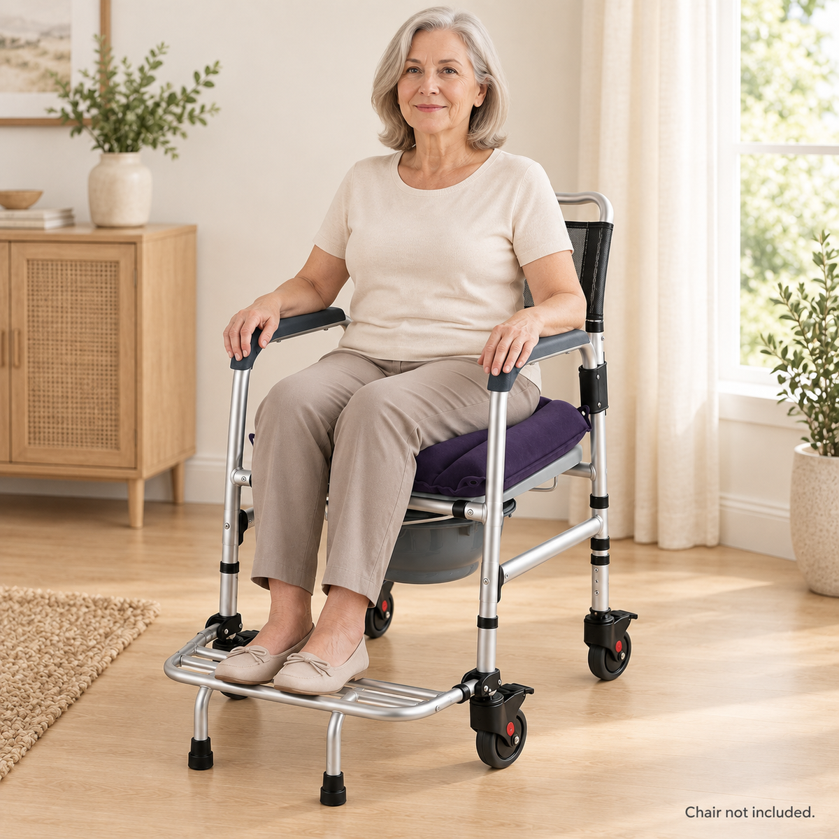 Older woman seated on the dark purple cushion on a rolling commode chair in a home setting; chair not included.