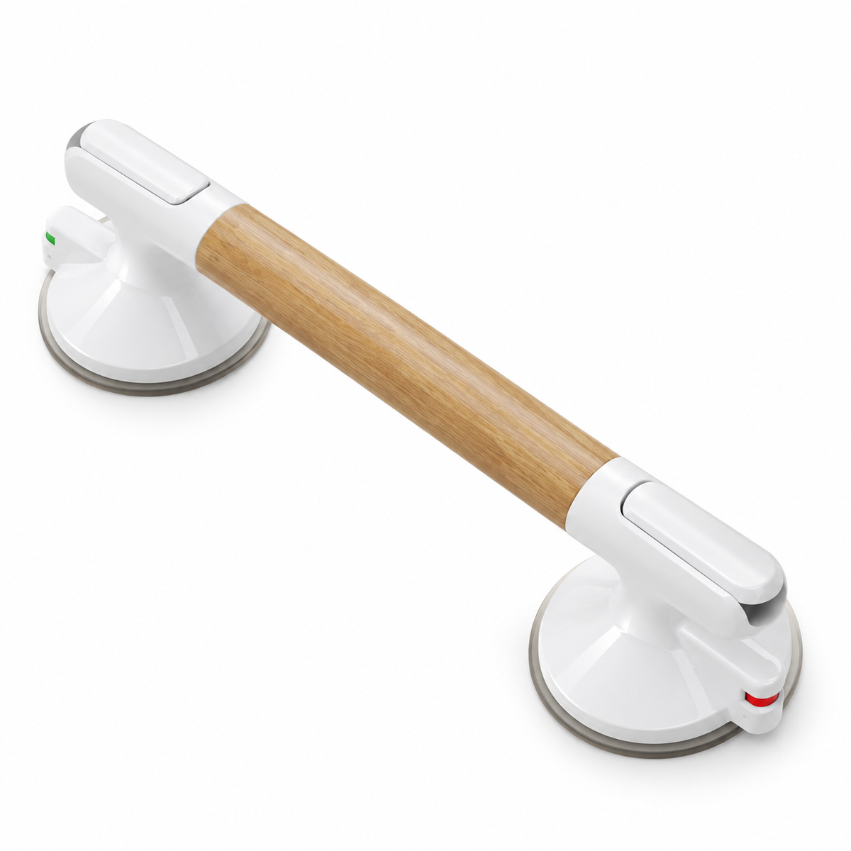 DeepTireh DT-A014 white suction-mount bathroom handle with a woodgrain grip and two round suction bases.