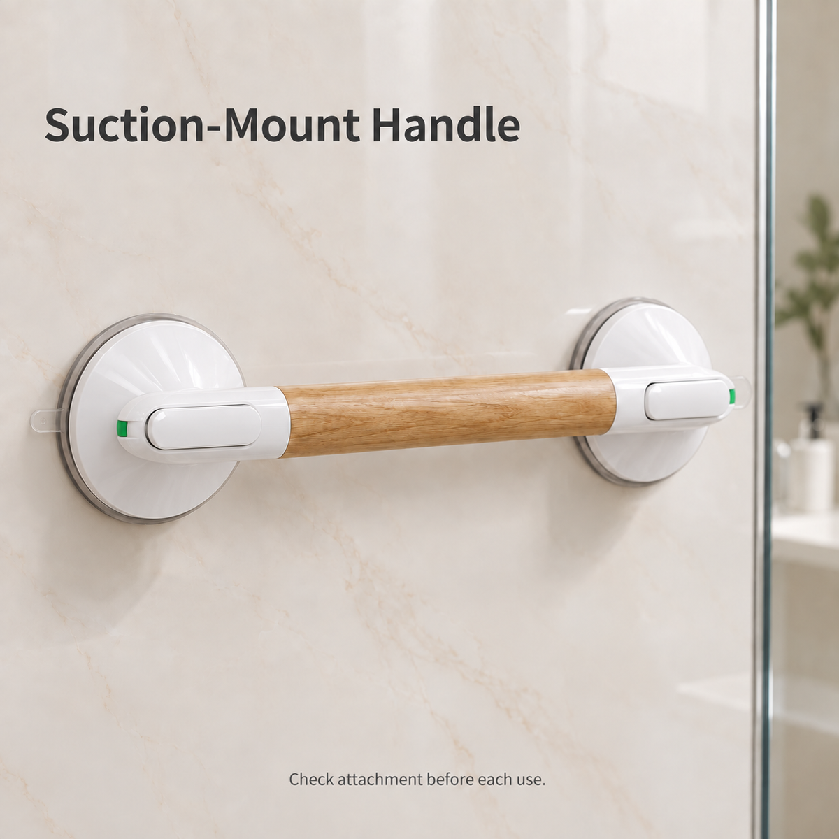 Woodgrain bathroom handle mounted horizontally on a smooth tile wall, with a reminder to check attachment before use.