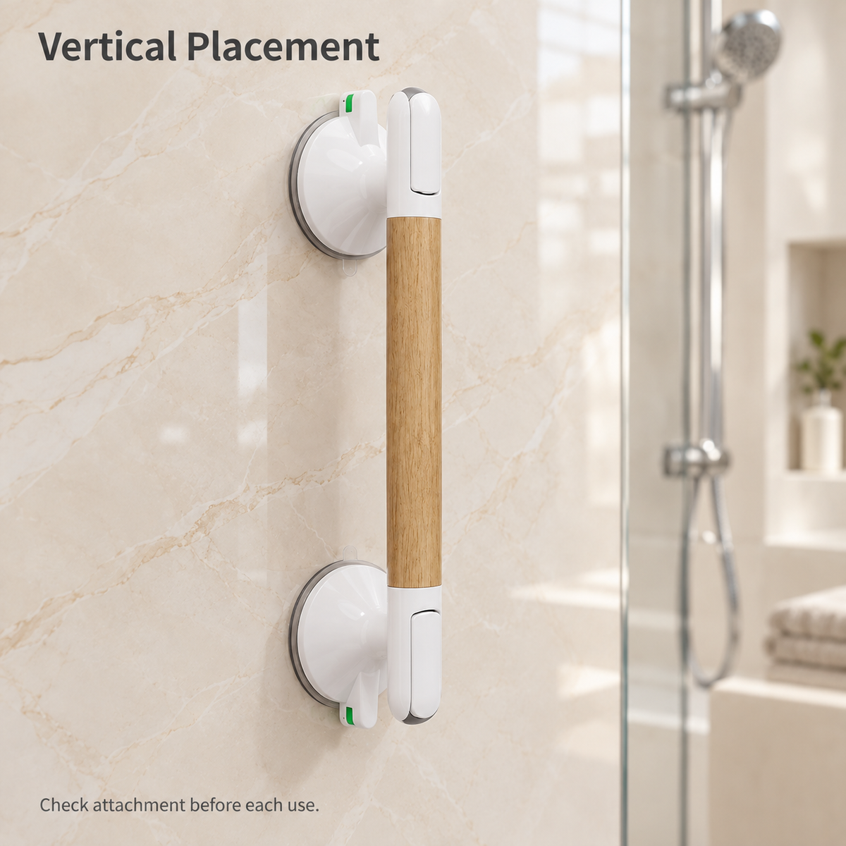 White suction handle with a woodgrain grip mounted vertically on a smooth bathroom wall.