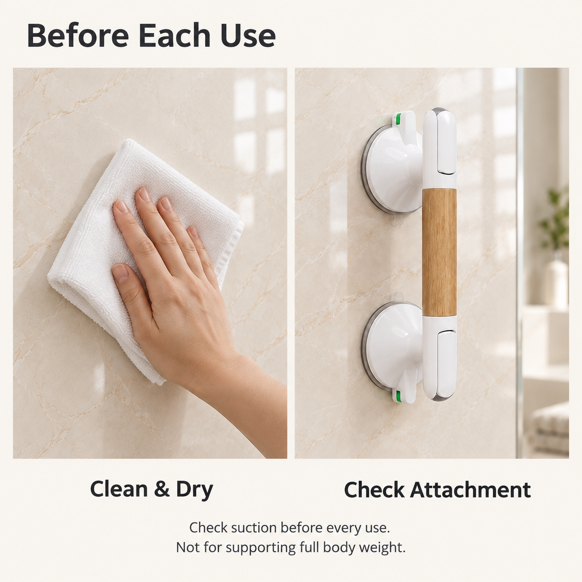 Guide to cleaning and drying the mounting surface and checking suction before use; not for supporting full body weight.