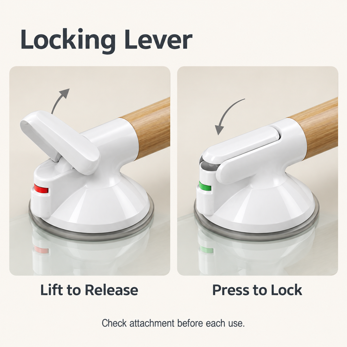 Close-up views showing the suction handle lever lifted to release and pressed down to lock.