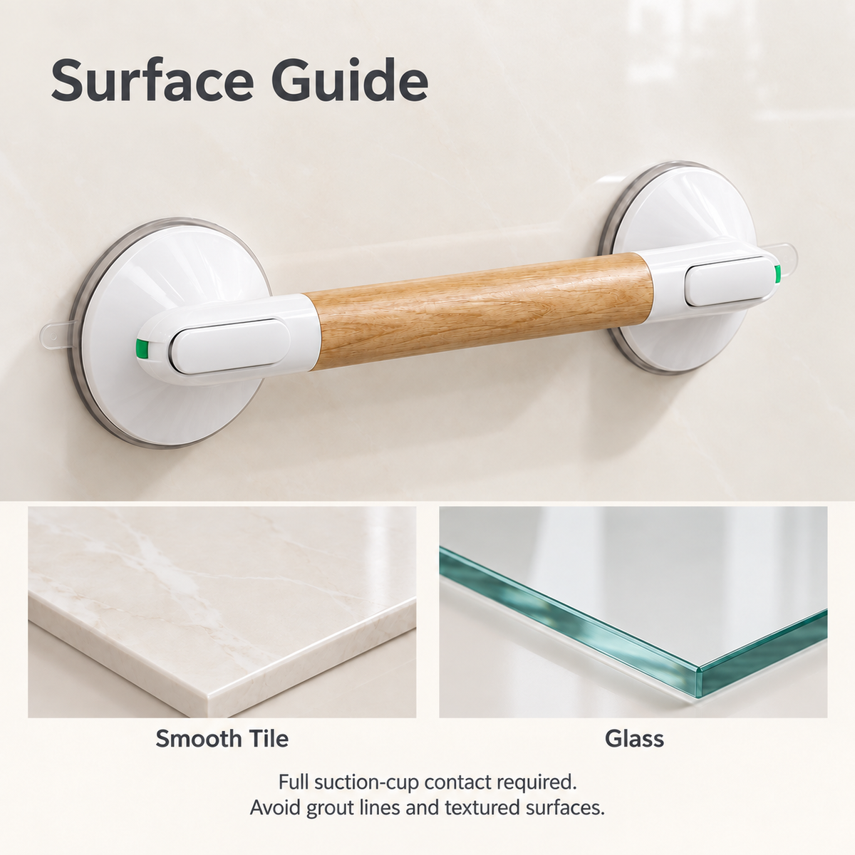 Suction handle surface guide showing smooth tile and glass, with instructions to avoid grout lines and textured surfaces.