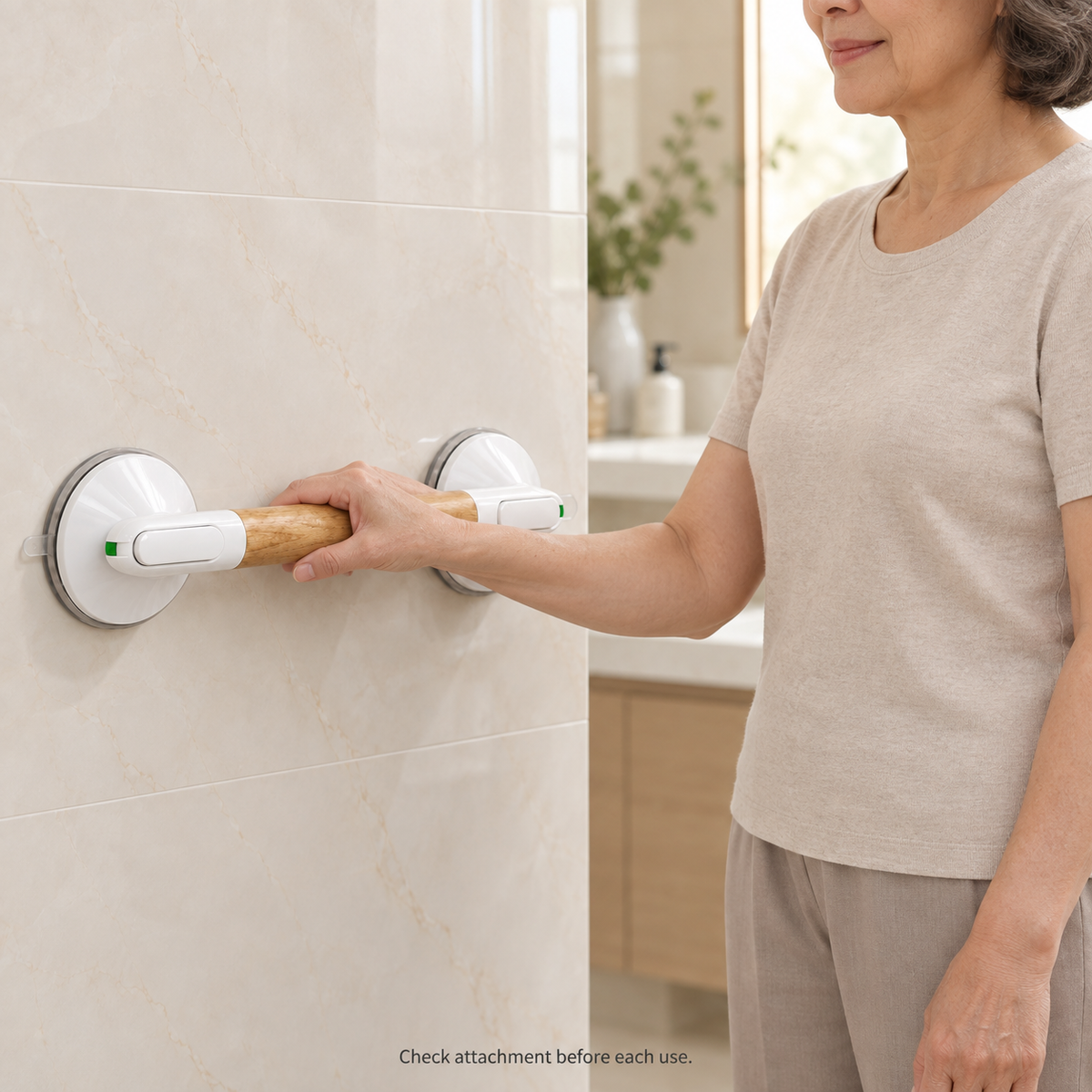 Woman standing in a bathroom with one hand resting on a wall-mounted woodgrain suction handle.