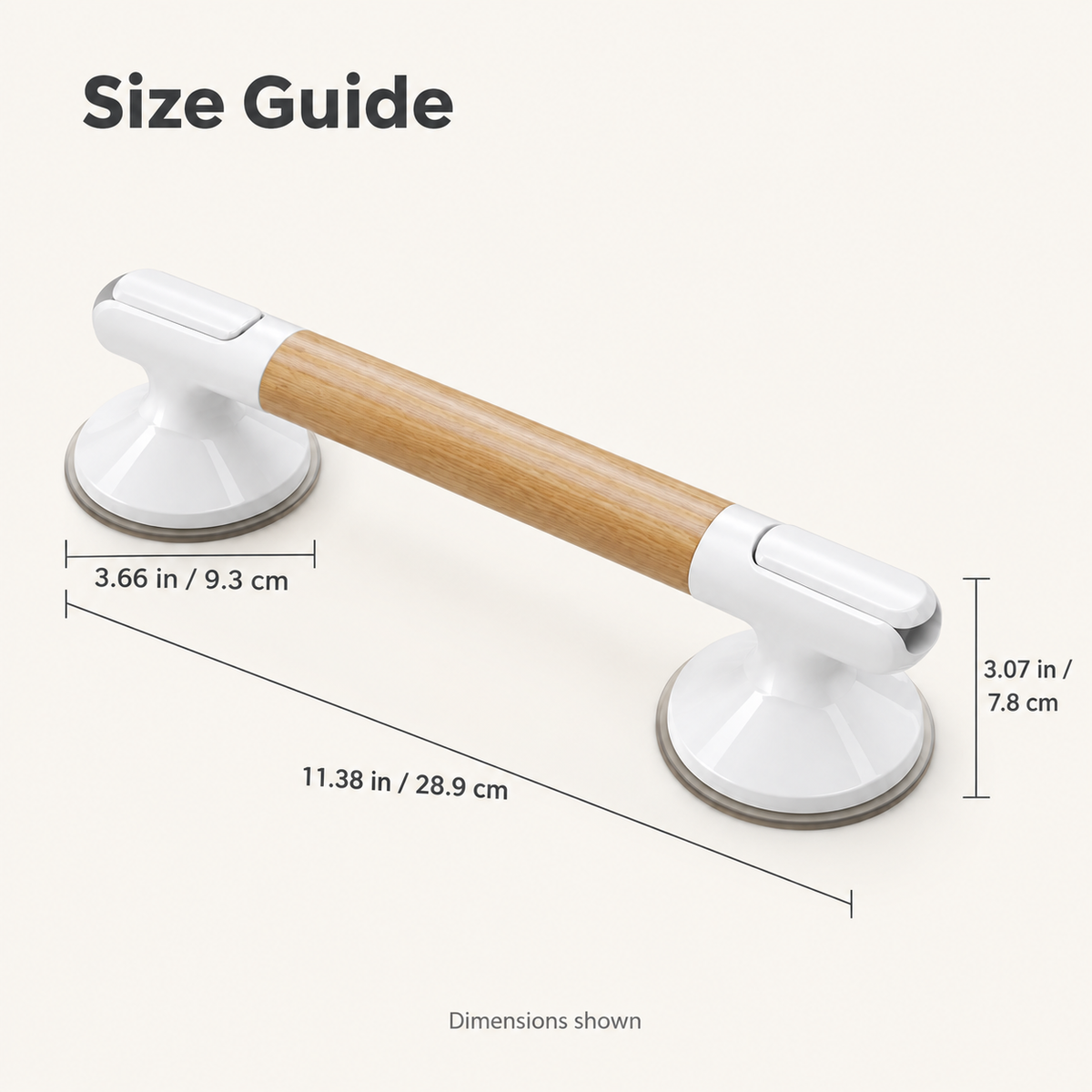 Handle dimensions: 11.38 in (28.9 cm) long, 3.66 in (9.3 cm) suction base diameter, and 3.07 in (7.8 cm) projection.