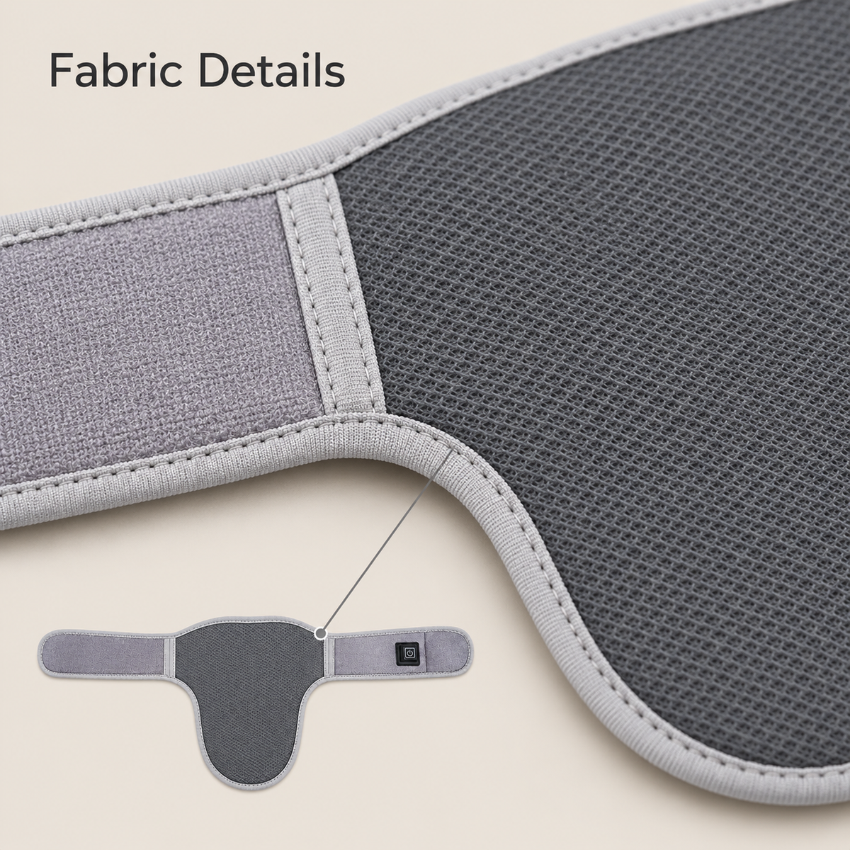 Close-up of the gray fabric texture, stitched trim, and center panel on the DeepTireh DT-A015 neck wrap.
