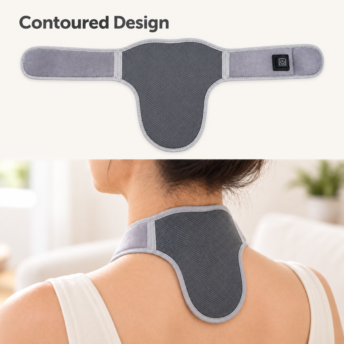 DeepTireh DT-A015 neck wrap shown flat and worn to illustrate its contoured shape at the back of the neck.