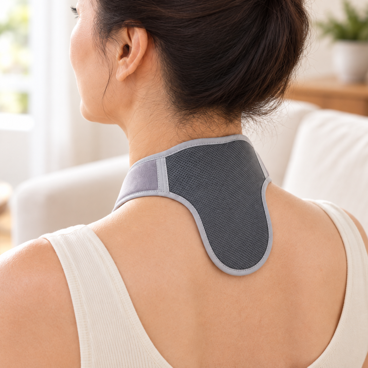 Rear close-up of a woman wearing the gray DeepTireh DT-A015 neck wrap across her neck and upper back.