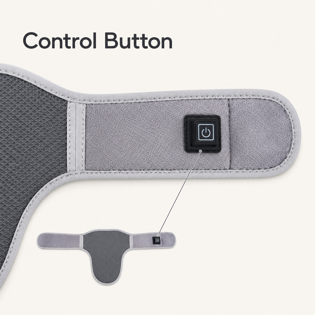 Close-up of the built-in control button on the gray strap of the DeepTireh DT-A015 heated neck wrap.