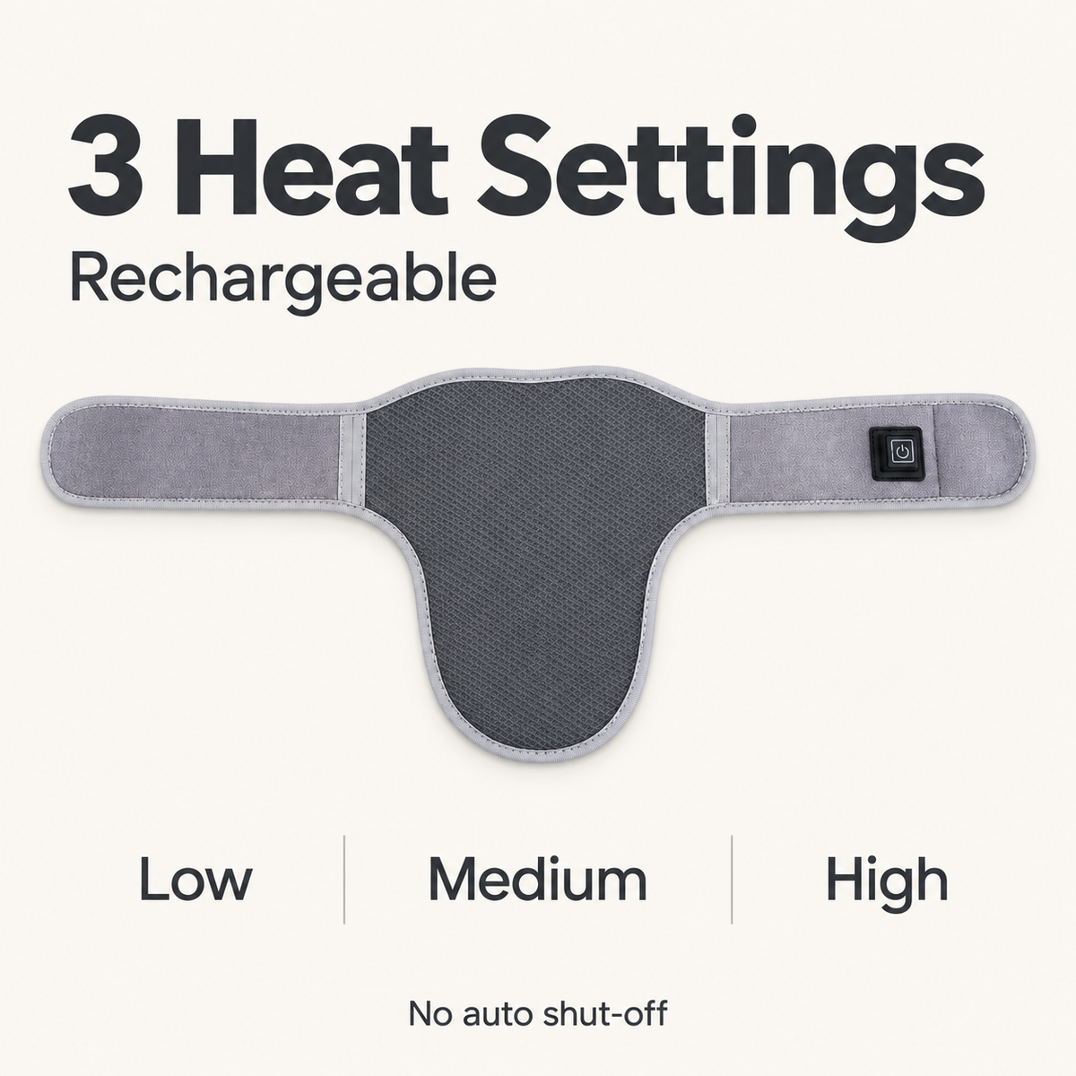 DeepTireh DT-A015 rechargeable neck wrap with low, medium, and high heat settings and no automatic shut-off.