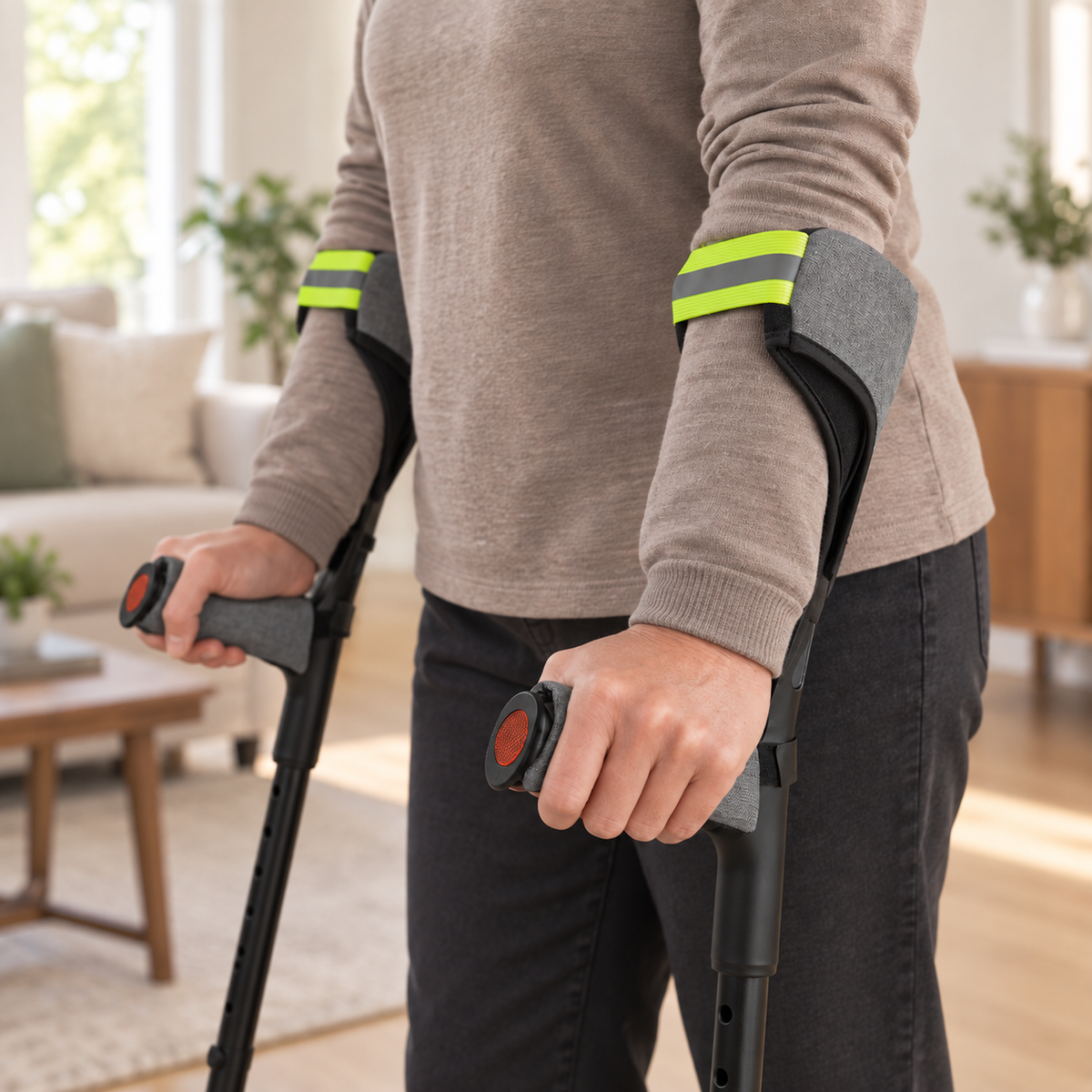 Person using forearm crutches indoors with DeepTireh DT-A016 cuff covers and gray grip covers installed.