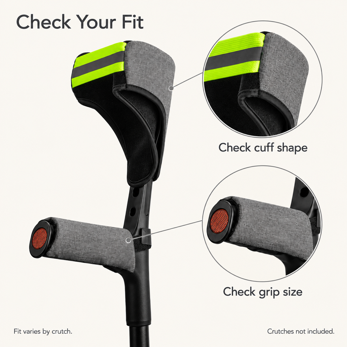 DeepTireh DT-A016 fit guide showing where to check forearm cuff shape and handgrip size. Fit varies by crutch.