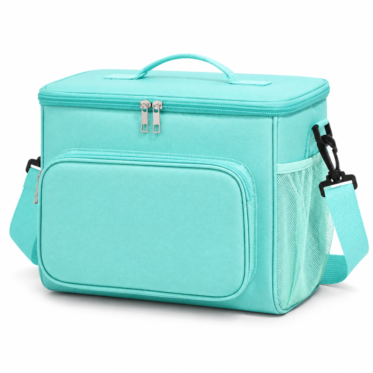 Mint DeepTireh DT-A017 insulated lunch bag with a top handle, shoulder strap, front zip pocket, and side mesh pocket.