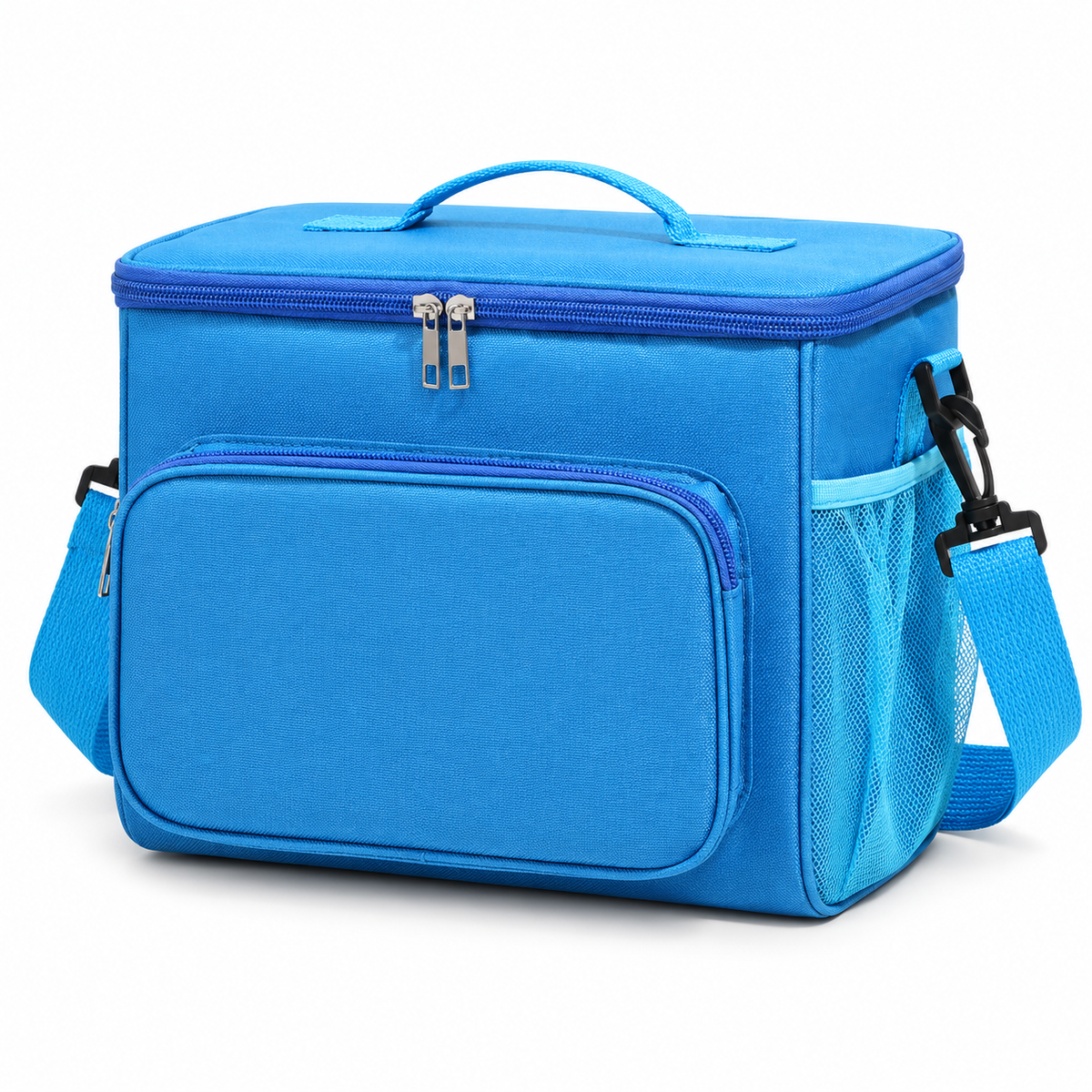 Blue DeepTireh DT-A017 insulated lunch bag with a top handle, shoulder strap, front zip pocket, and side mesh pocket.