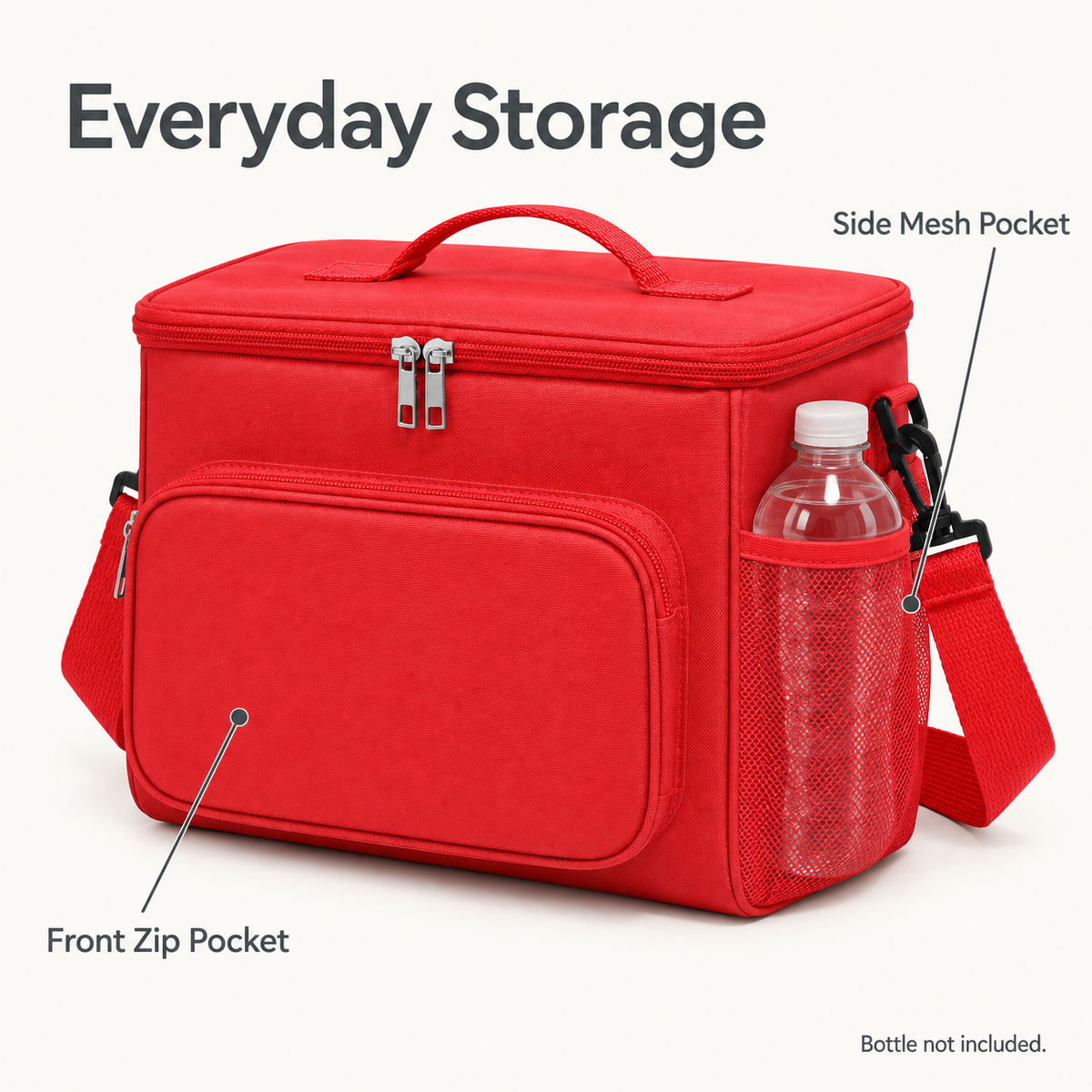 Red DeepTireh DT-A017 lunch bag showing the front zip pocket and a bottle in the side mesh pocket. Bottle not included.