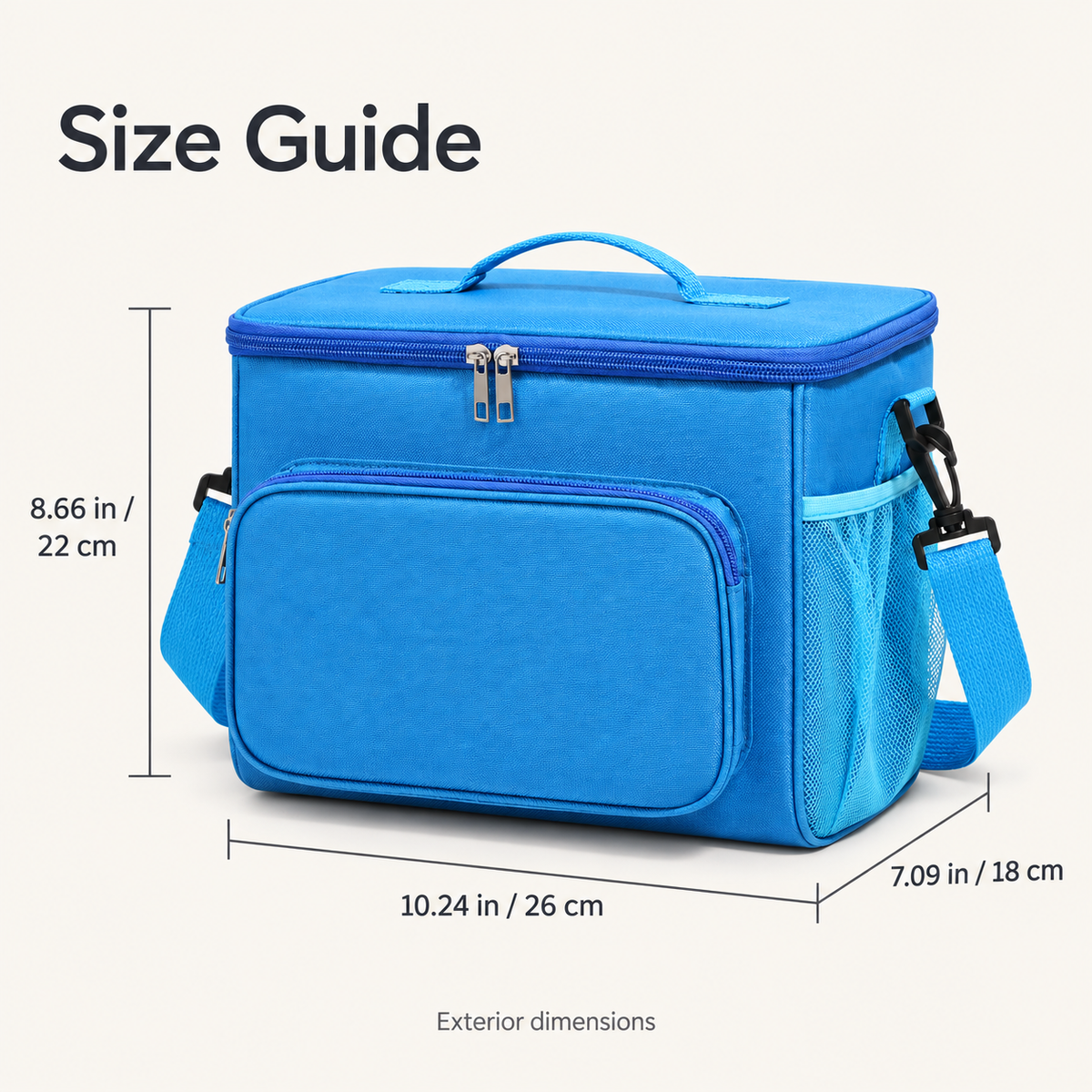 Exterior dimensions of the DT-A017 lunch bag: 10.24 inches wide, 7.09 inches deep, and 8.66 inches high (26 × 18 × 22 cm).