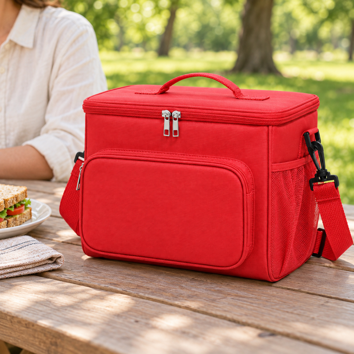 Red DeepTireh DT-A017 insulated lunch bag on a picnic table beside a person eating outdoors.