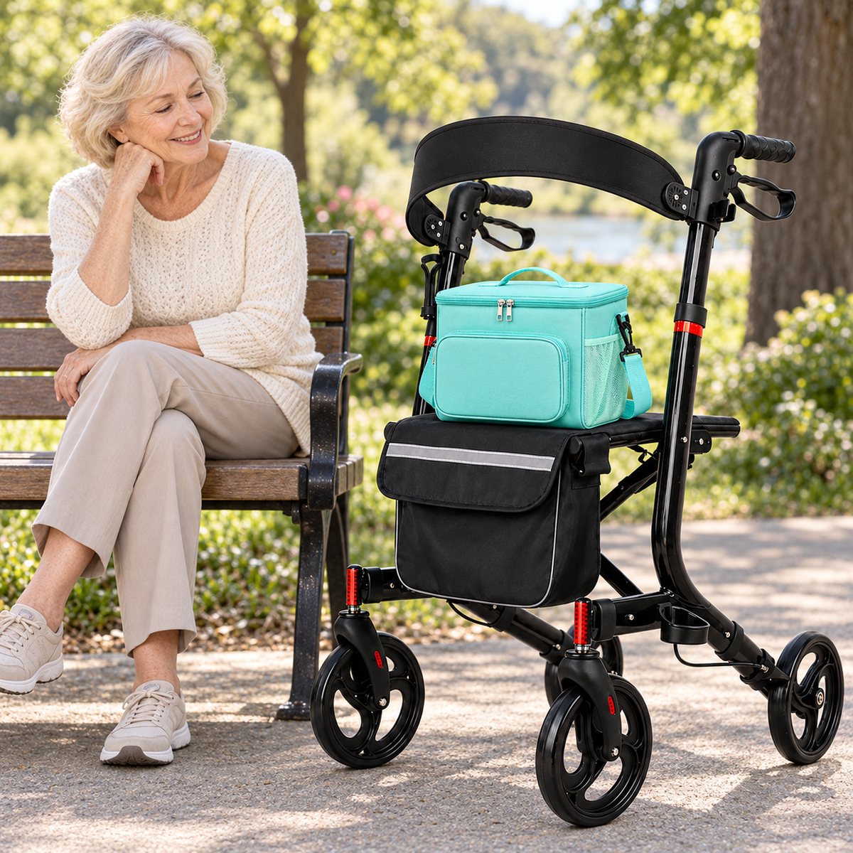 Mint DeepTireh DT-A017 lunch bag resting on a parked rollator seat beside a woman seated on a park bench.