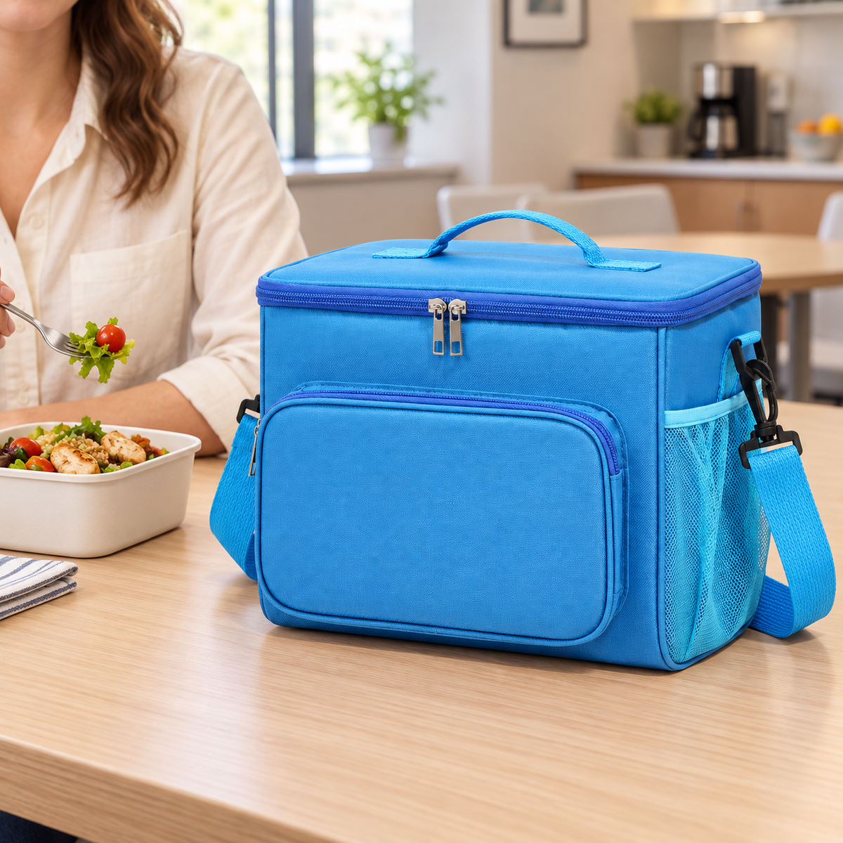 Blue DeepTireh DT-A017 lunch bag on a table beside a woman preparing a meal indoors.