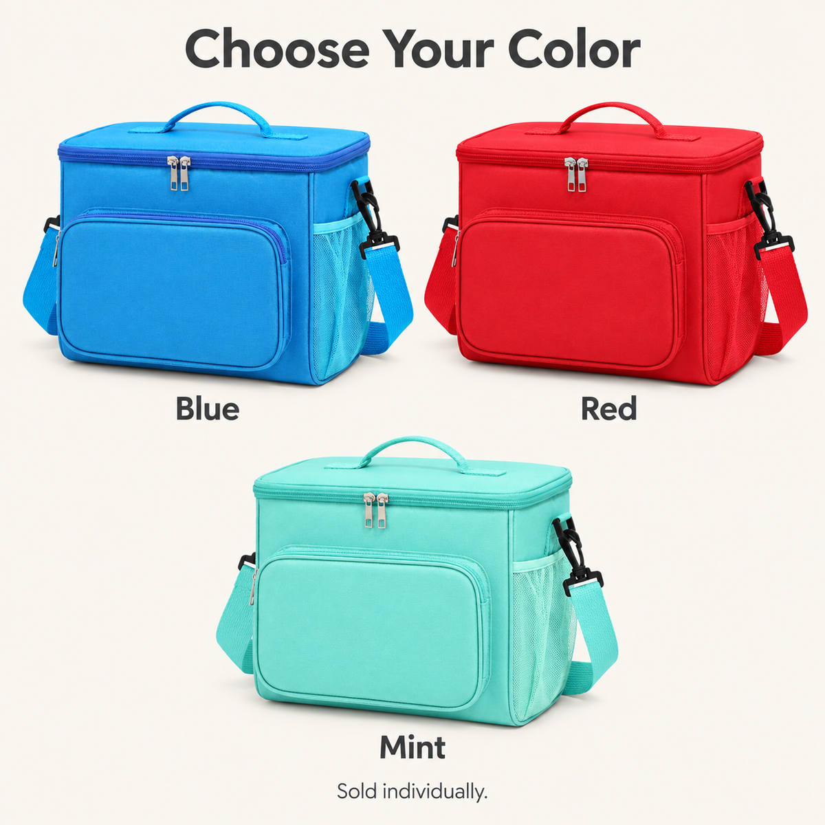 DeepTireh DT-A017 lunch bag in Blue, Red, and Mint. Each color is sold individually.