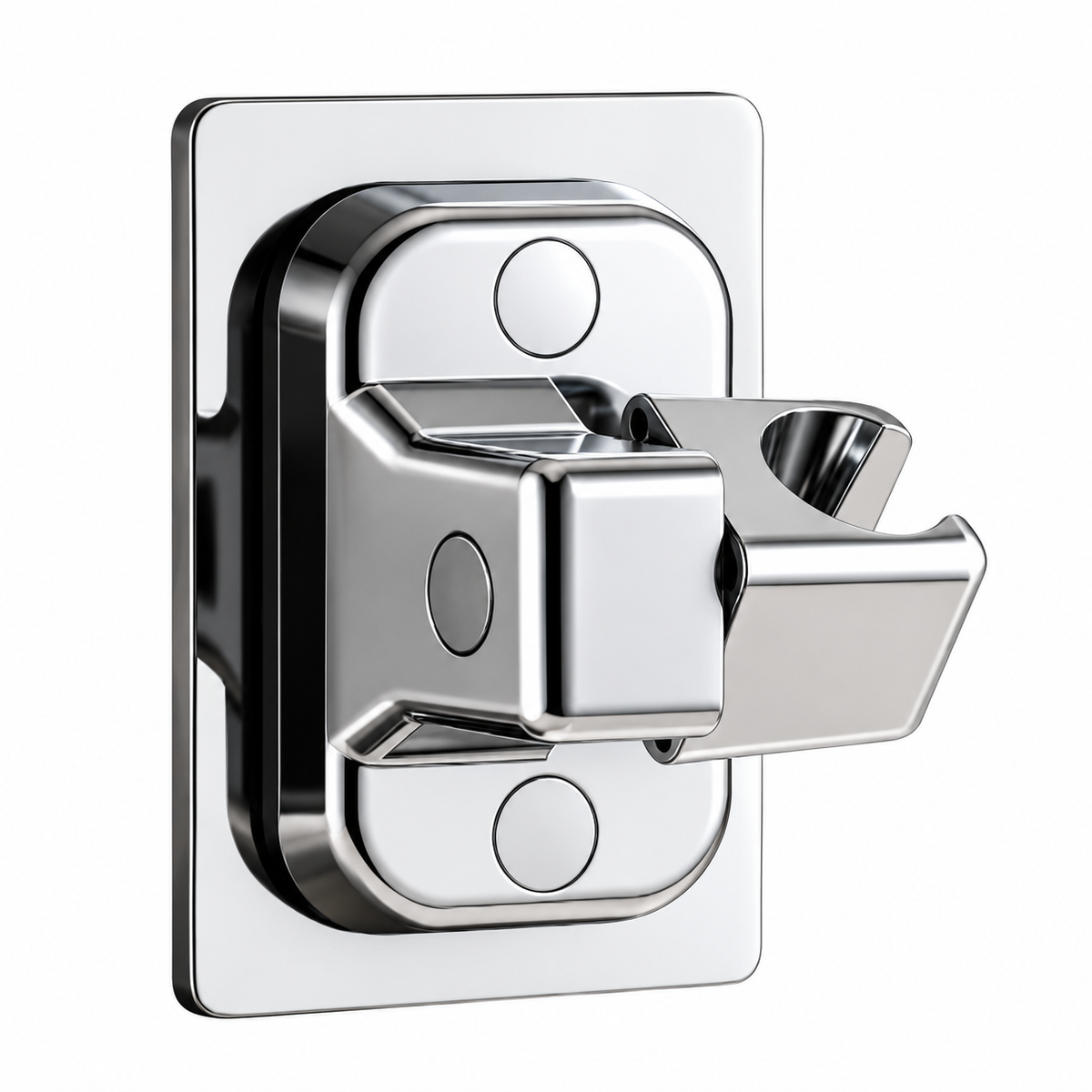 DeepTireh DT-A018 silver shower head holder with a rectangular mounting plate and adjustable open cradle on a white background.