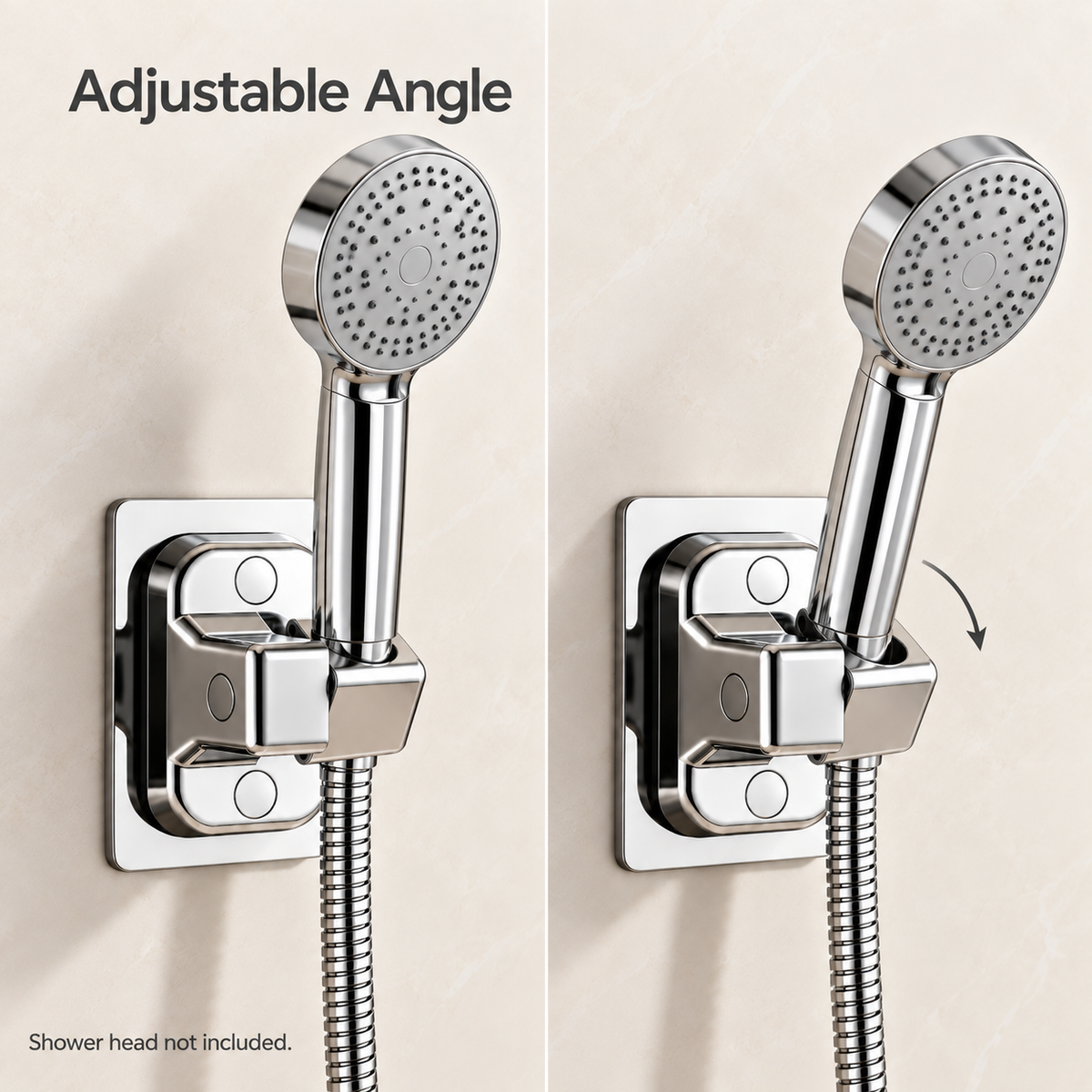 Two positions of a handheld shower head showing the adjustable angle of the DeepTireh DT-A018 holder.
