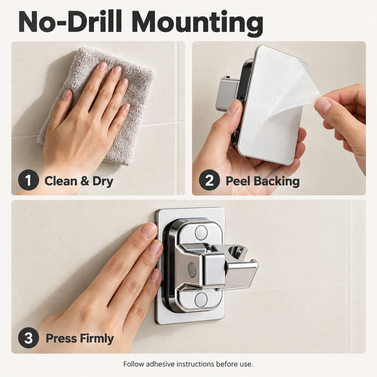 Mounting surface guide for the DeepTireh DT-A018 holder showing smooth tile and glass, with instructions to avoid grout lines.