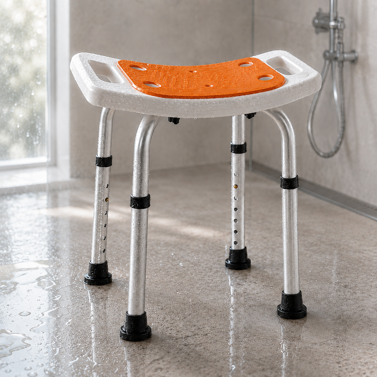 Orange padded shower stool in a walk-in shower
