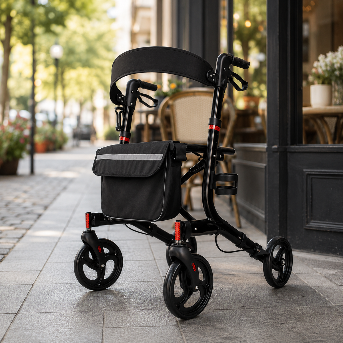 Black rollator with seat and storage bag outside a cafe
