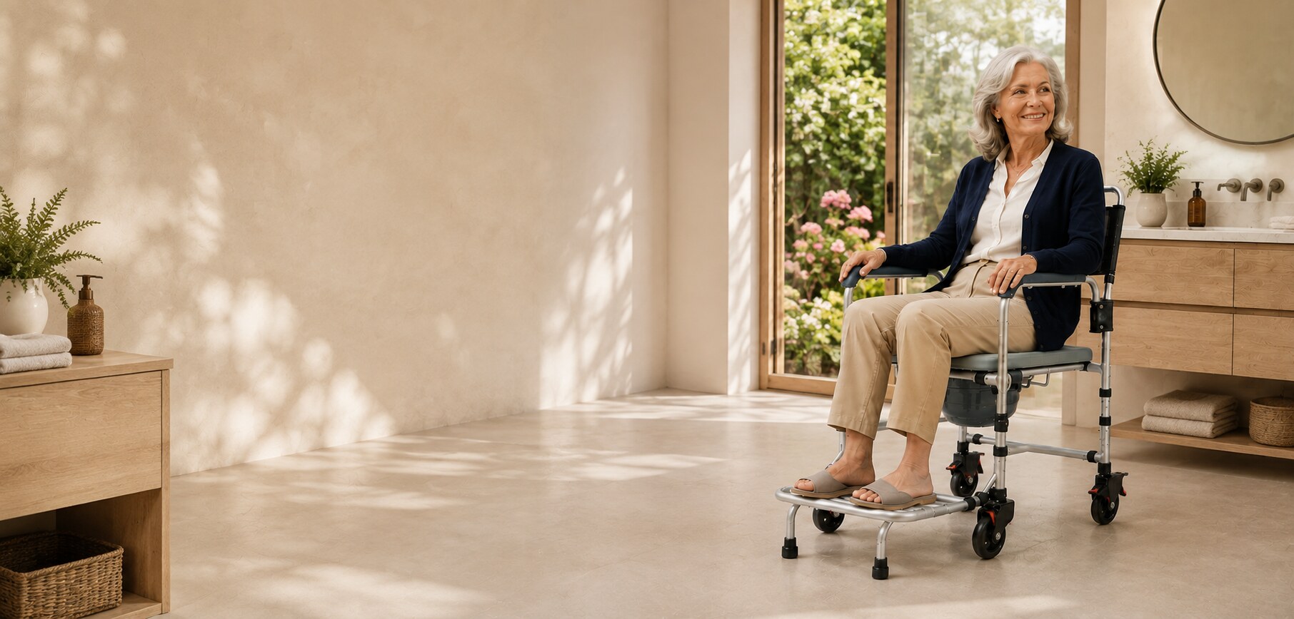 Older woman seated comfortably in a DeepTireh mobile shower commode chair in a warm, sunlit bathroom